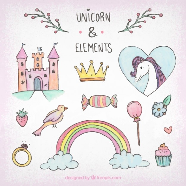 Vector gratuito pack de bocetos de unicornio y elementos