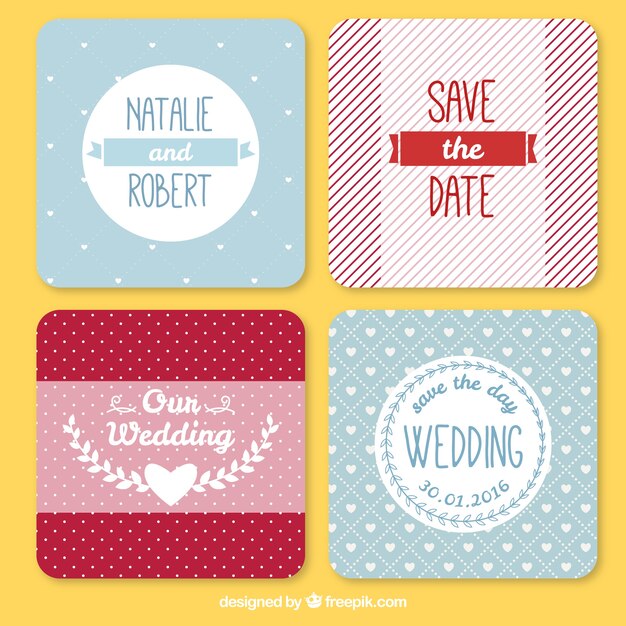 Pack de bonitas tarjetas de boda con rayas y lunares