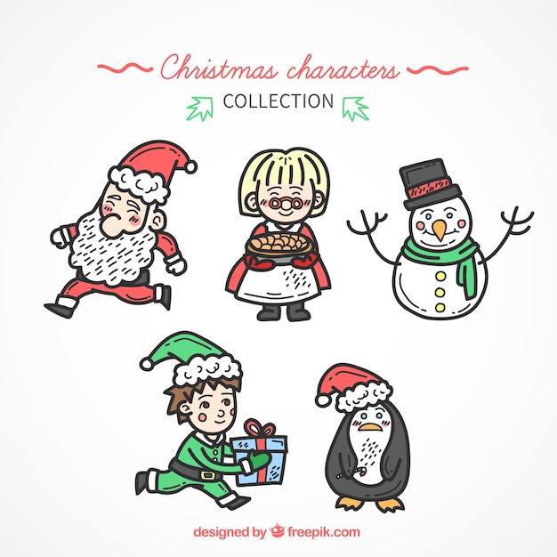 Vector gratuito pack bonito dibujado a mano de personajes para navidad