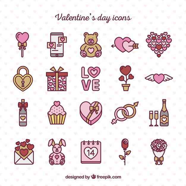 Pack bonito de iconos del día de valentín dibujados a mano