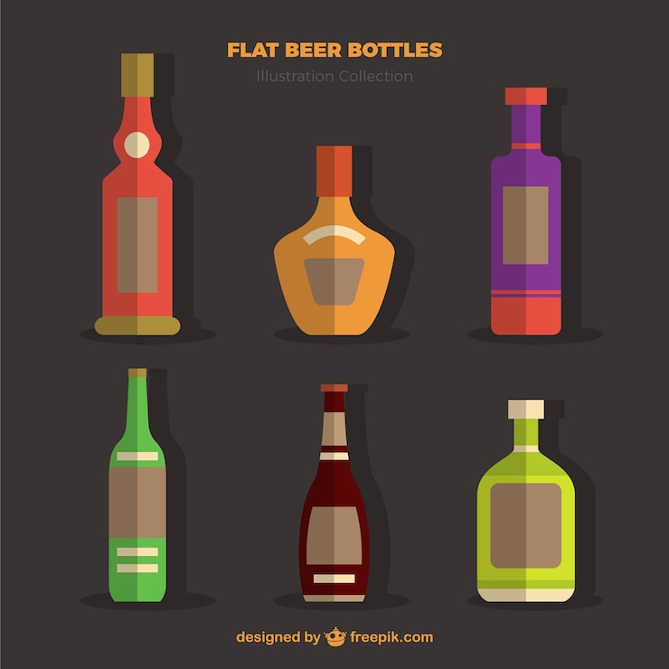 Vector gratuito pack de botellas planas de cerveza en diseño plano 