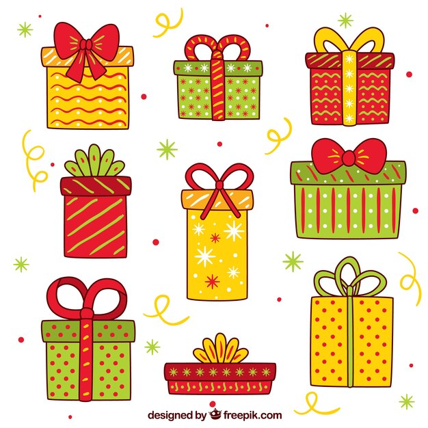 Pack de cajas de regalo de navidad dibujadas a mano 