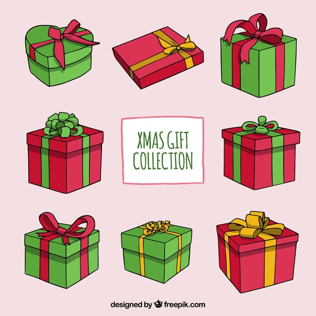 Pack de cajas de regalos navideños dibujados a mano