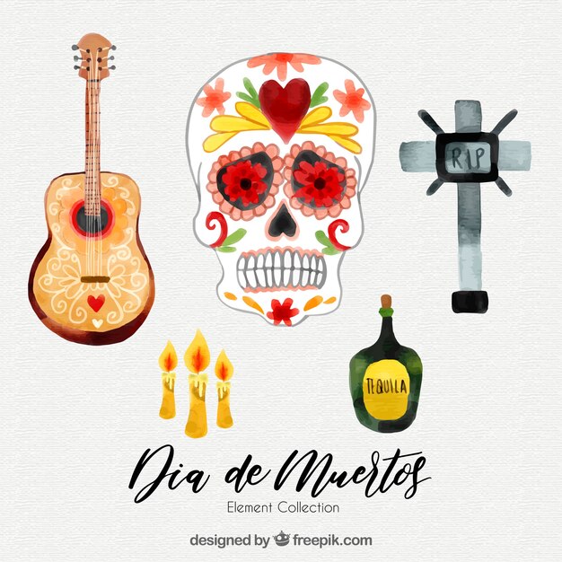 Pack de calavera floral con elementos de acuarela del día de los muertos