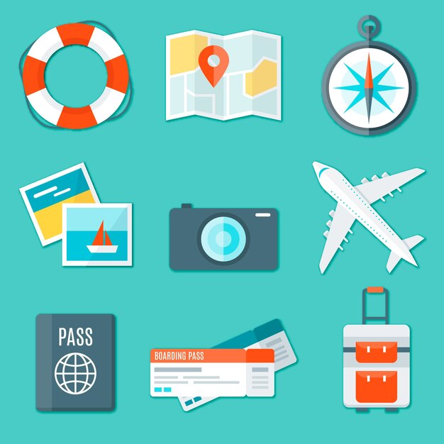 Pack de cámara de fotos con elementos de viaje en diseño plano 
