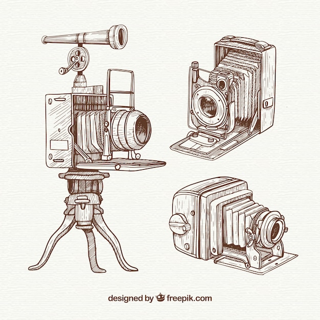 Vector gratuito pack de cámaras vintage profesionales dibujadas a mano