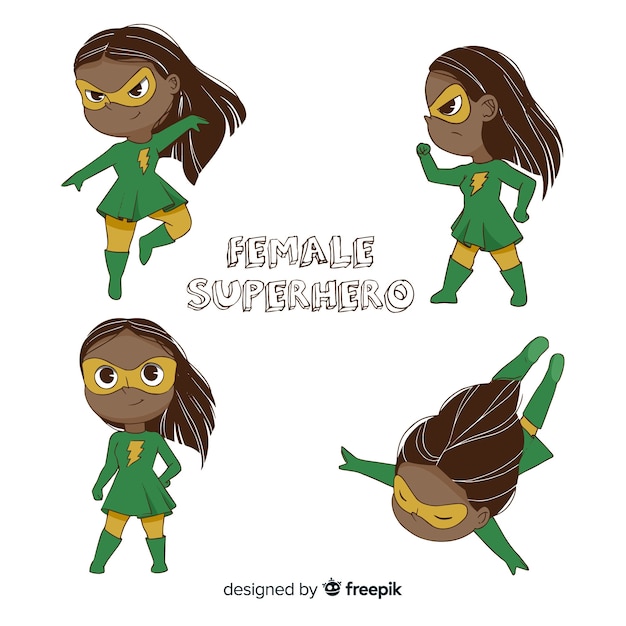 Vector gratuito pack de caracteres femeninos de superheroes en estilo de dibujo animado