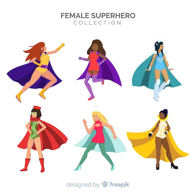 Vector gratuito pack de caracteres femeninos de superheroes en estilo de dibujo animado