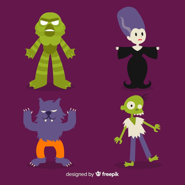 Vector gratuito pack de caracteres de halloween en estilo de dibujo animado