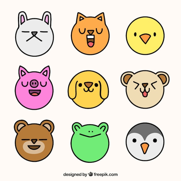 Vector gratuito pack de caras de animales dibujados a mano