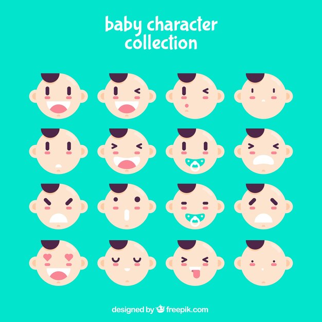 Pack de caras expresivas de bebé en diseño plano