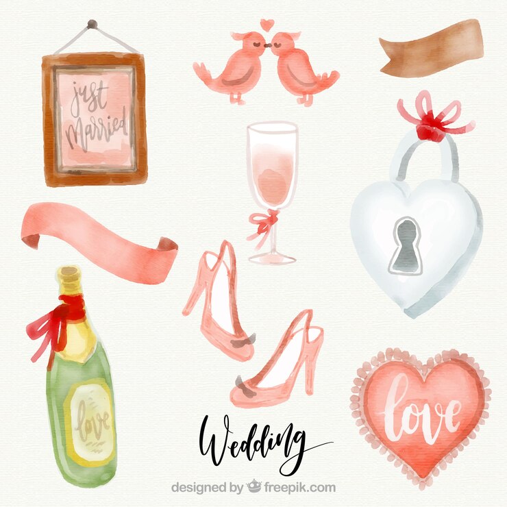 Vector gratuito pack de champagne y objetos decorativos de boda de acuarela