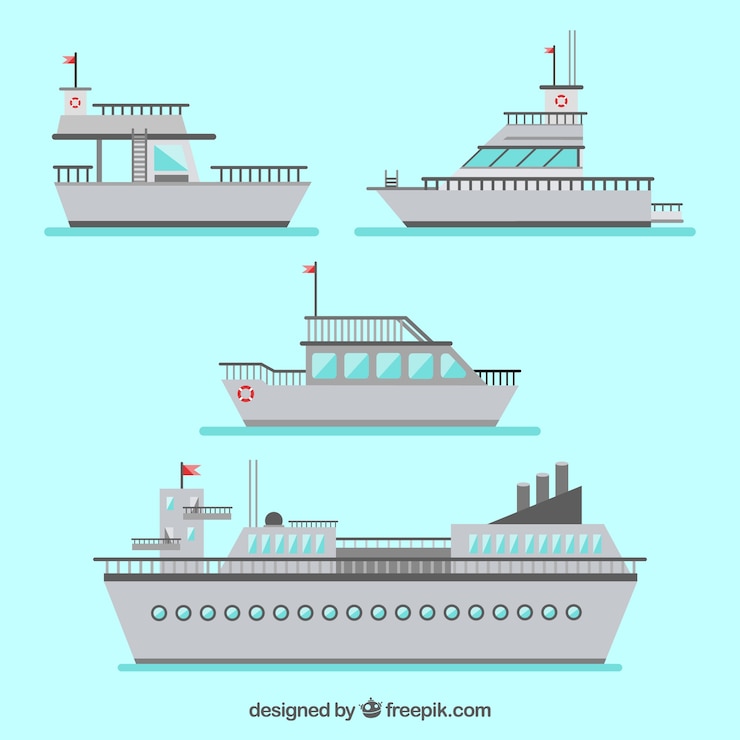 Vector gratuito pack de cinco barcos grises en diseño plano