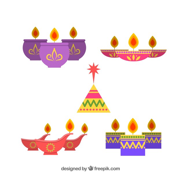 Pack de cinco elementos de diwali en diseño plano 