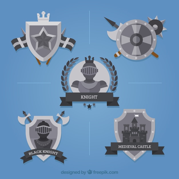 Vector gratuito pack de cinco insignias de caballeros en diseño plano