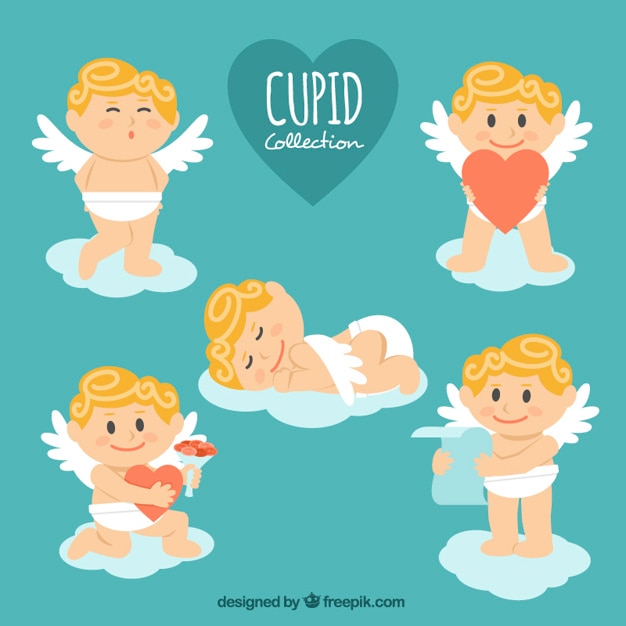 Vector gratuito pack de cinco personajes de cupido en diferentes acciones