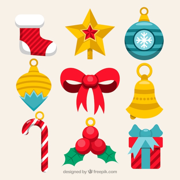 Vector gratuito pack clásico de adornos navideños planos