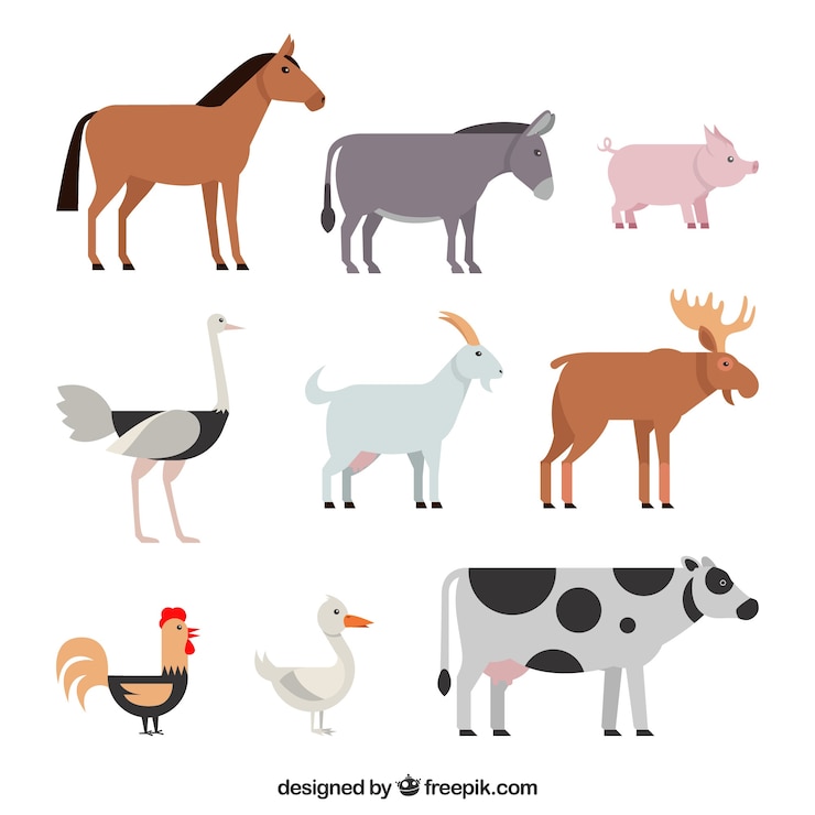 Vector gratuito pack clásico de animales de granja con diseño plano