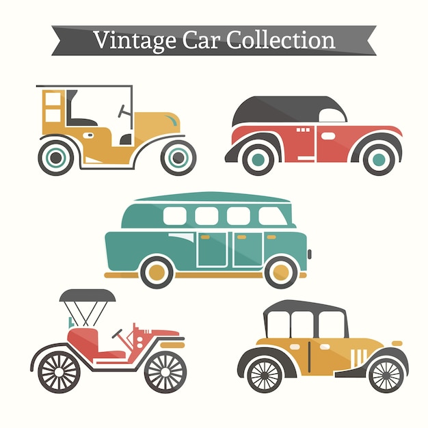 Vector gratuito pack de coches vintage y caravana en diseño plano