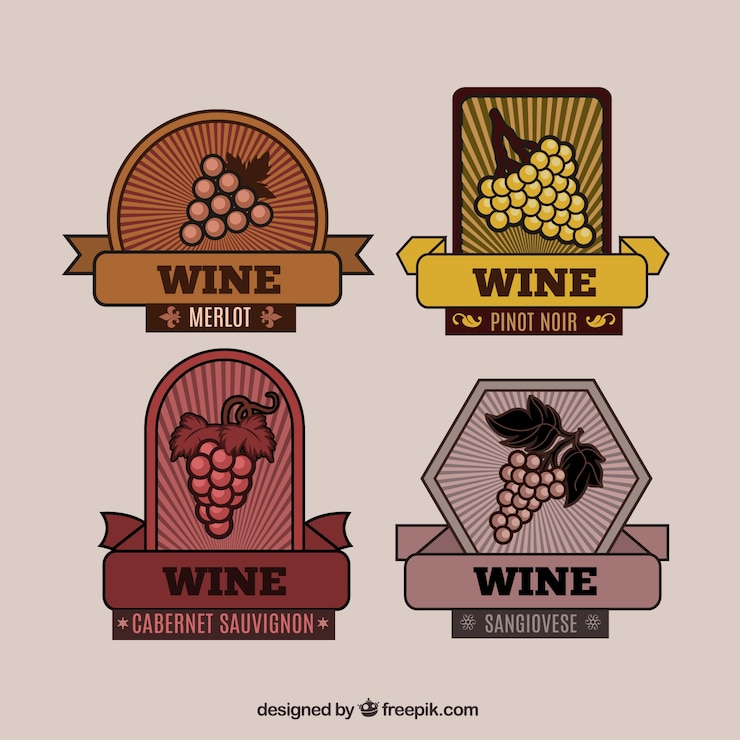 Vector gratuito pack de colores de cuatro pegatinas de vino vintage