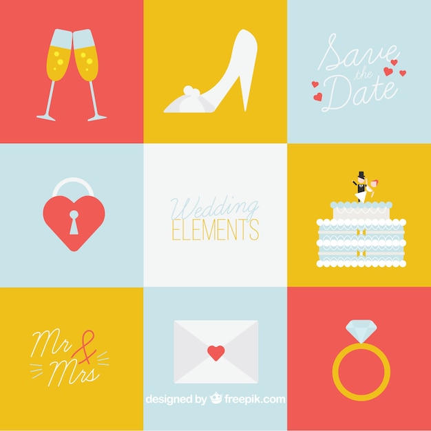 Vector gratuito pack de colores de elementos de boda en diseño plano