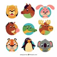 Vector gratuito pack colorido de caras divertidas de animales