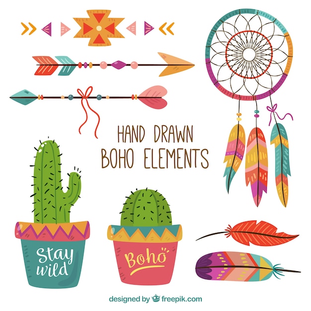 Vector gratuito pack colorido de elementos boho dibujados a mano