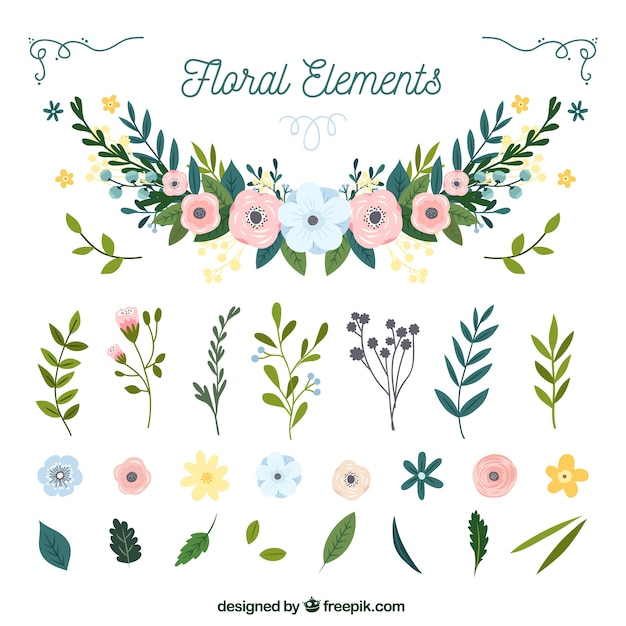 Vector gratuito pack colorido de elementos florales dibujados a mano