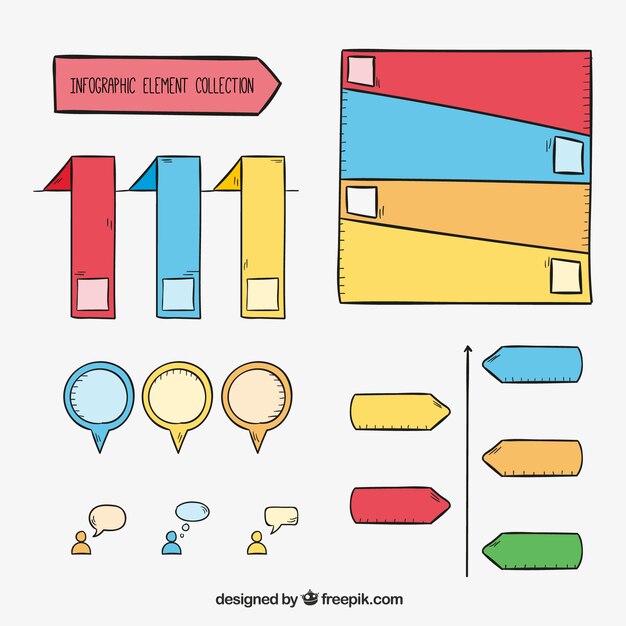 Pack colorido de elementos infográficos dibujados a mano