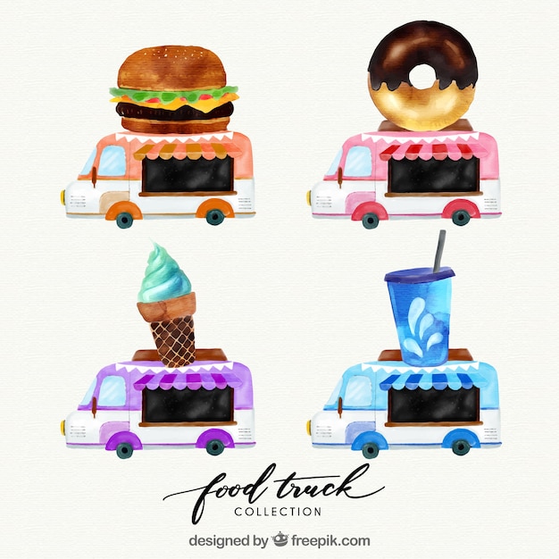 Pack colorido de food trucks en acuarela