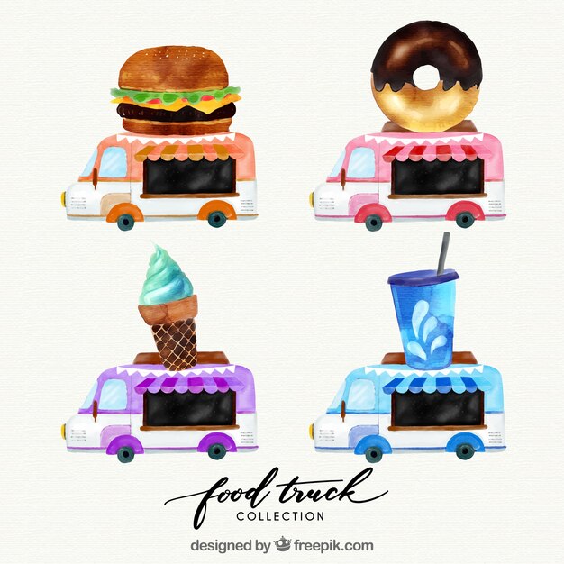 Pack colorido de food trucks en acuarela