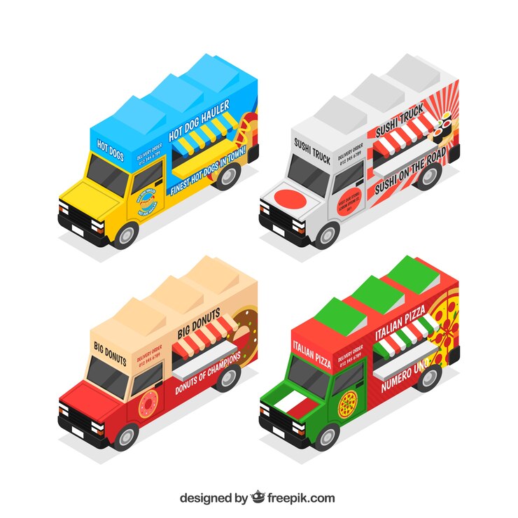 Vector gratuito pack colorido de food trucks isométricas