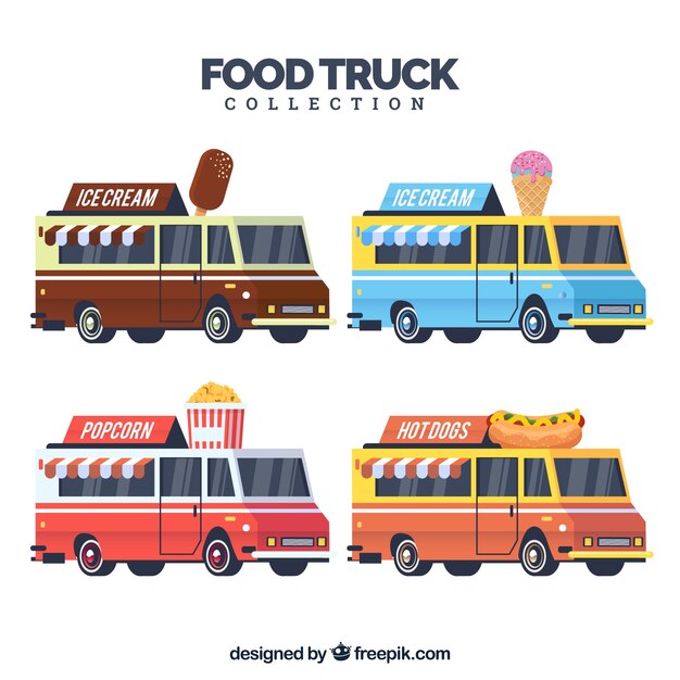 Pack colorido de food trucks planos