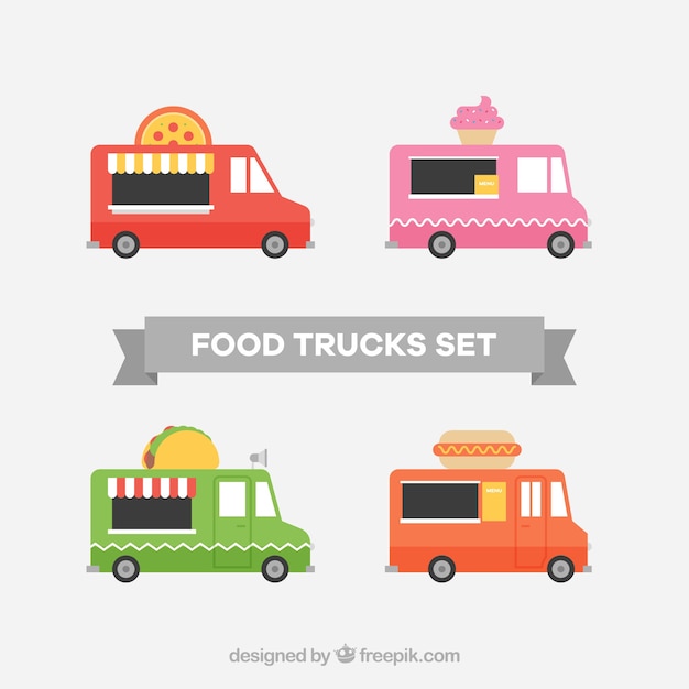 Pack colorido de food trucks planos