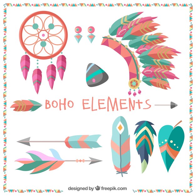 Pack colorido de geniales elementos boho en diseño plano