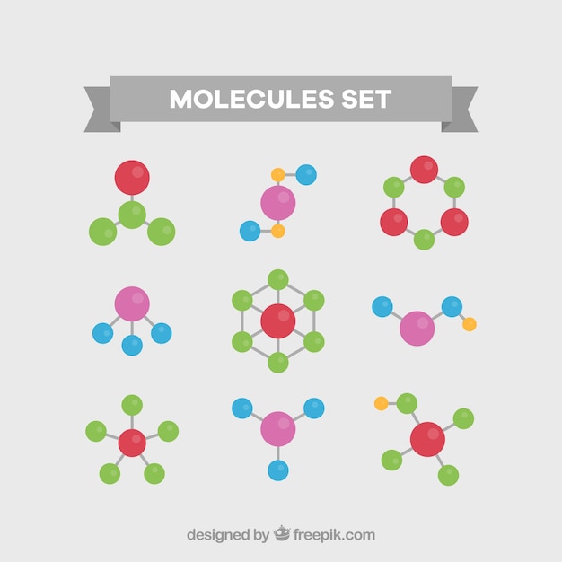 Vector gratuito pack colorido de moléculas planos