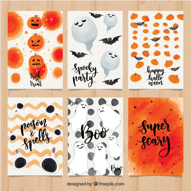 Vector gratuito pack colorido de tarjetas de halloween en acuarela