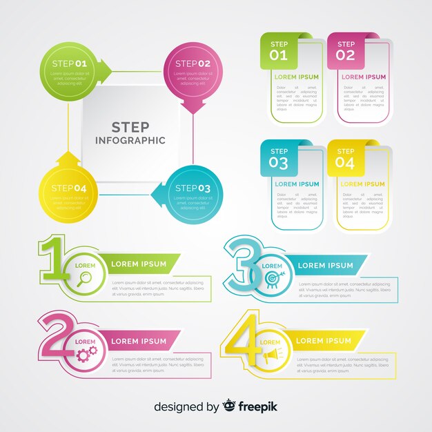 Pack de coloridos pasos infográficos
