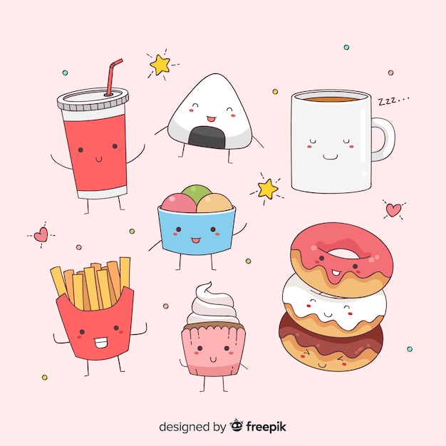 Vector gratuito pack comida kawaii dibujada a mano