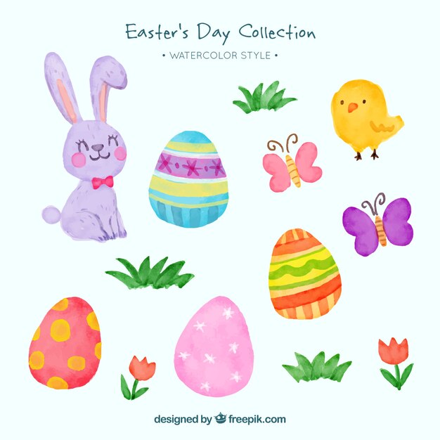 Pack de conejos y huevos de pascua de acuarela 
