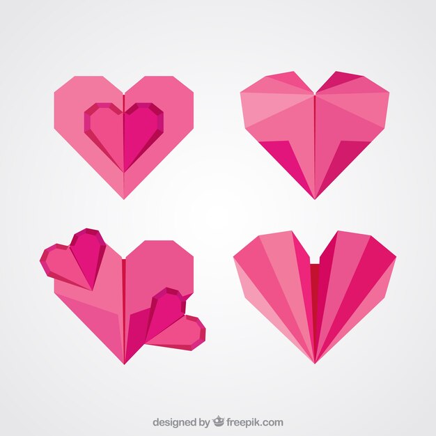 Pack de corazones de origami en diseño plano 