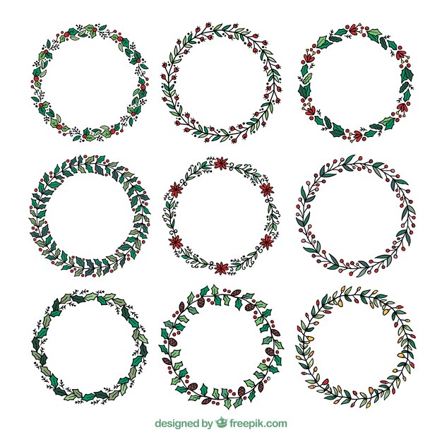 Pack de coronas retro navideñas dibujadas a mano 