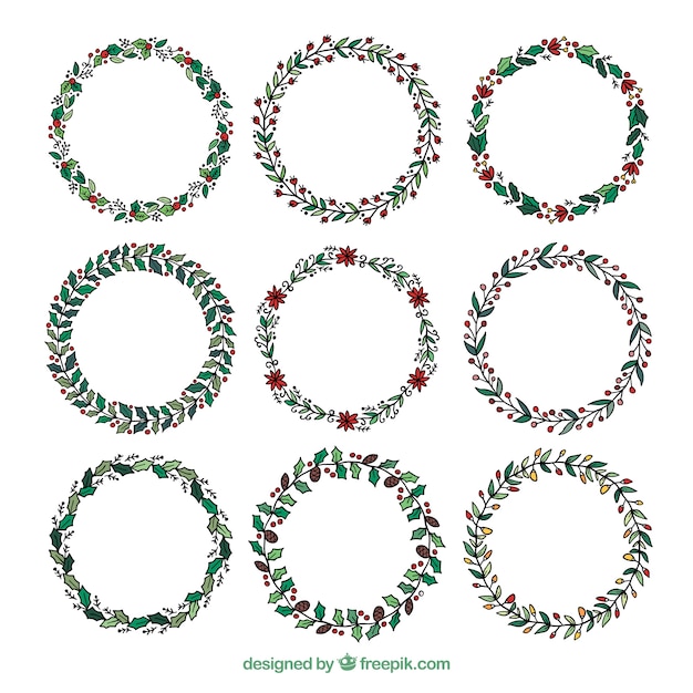 Pack de coronas retro navideñas dibujadas a mano