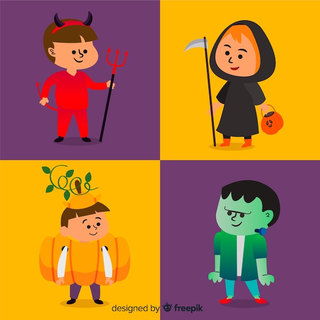 Vector gratuito pack creativo de caracteres de niños de halloween