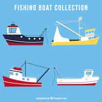 Vector gratuito pack de cuatro barcos pesqueros en diseño plano