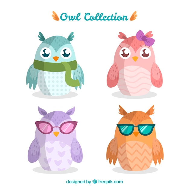 Vector gratuito pack de cuatro búhos adorables con accesorios