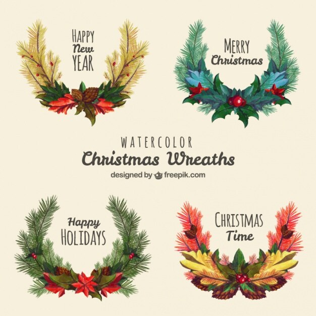Pack de cuatro coronas de navidad en estilo de acuarela