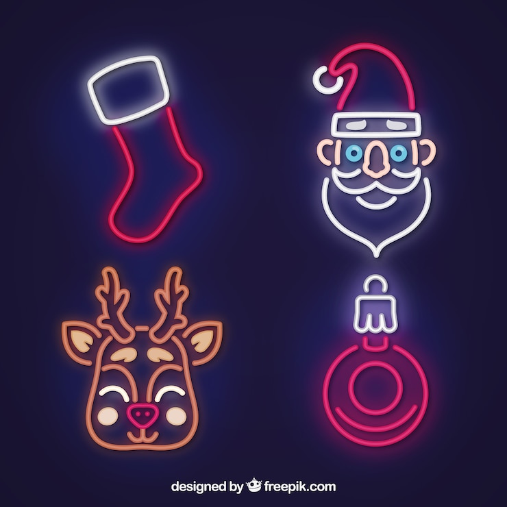 Vector gratuito pack de cuatro elementos navideños de neón 