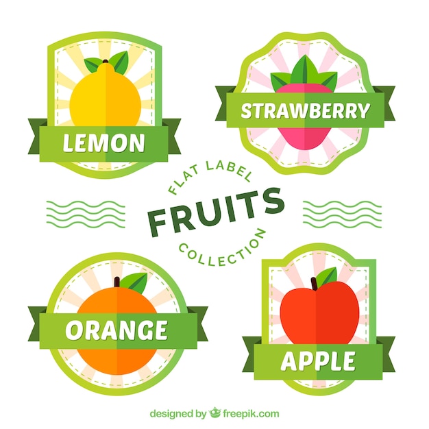 Vector gratuito pack de cuatro etiquetas de fruta en diseño plano