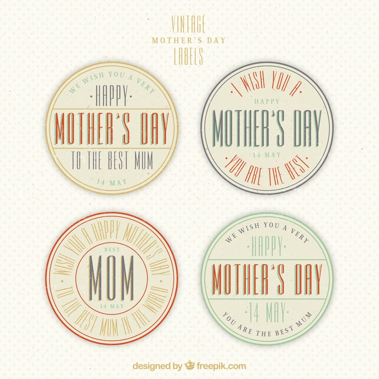 Vector gratuito pack de cuatro etiquetas redondas del día de la madre en estilo retro
